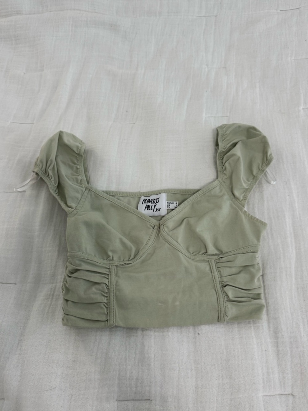 Princess Polly Light Sage Ruched Puff Sleeve Crop Top
